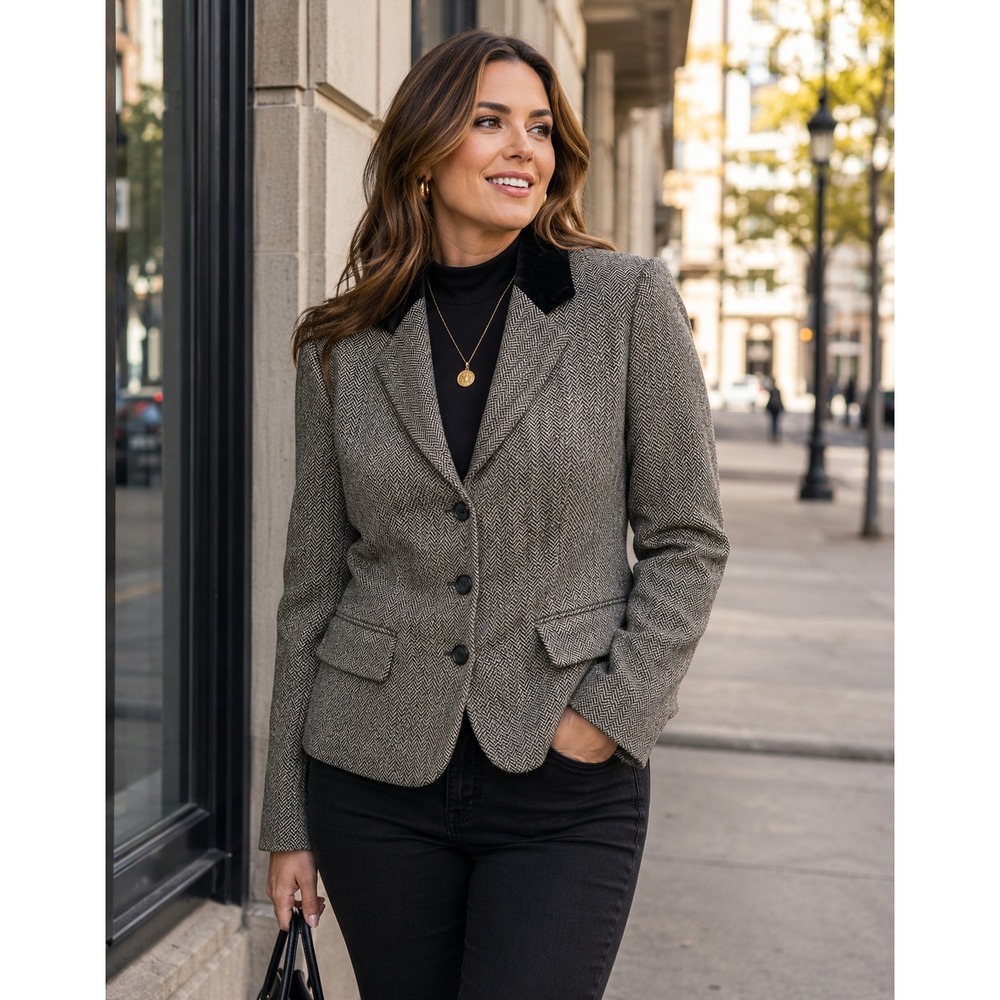 American Living Womens Wool Blend Herringbone Blazer Velvet Collar Gray Size 8
